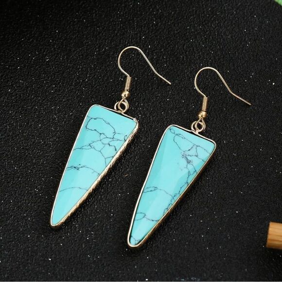 18K Yellow Gold with Natural Blue Turquoise Stone French Wire Drop Hook Earrings - Picture 3 of 6
